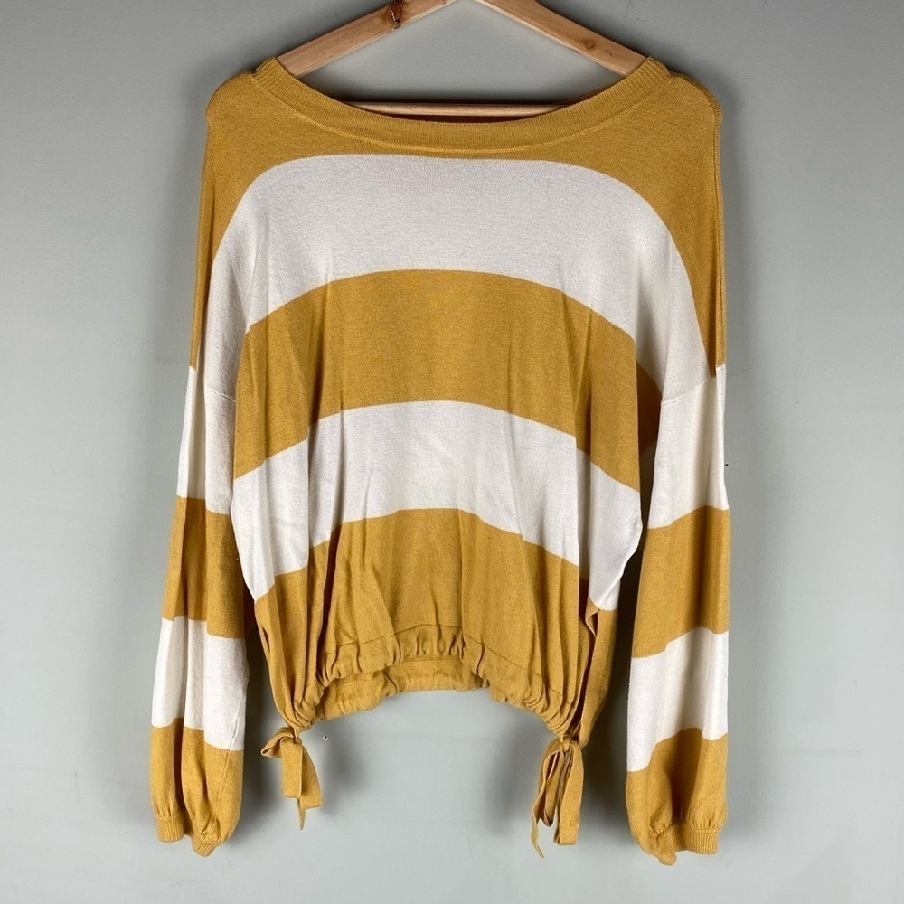 Aerie Slouchy Striped Cinched Tie Waist Pullover Sweater Shirt Mustard Yellow‎